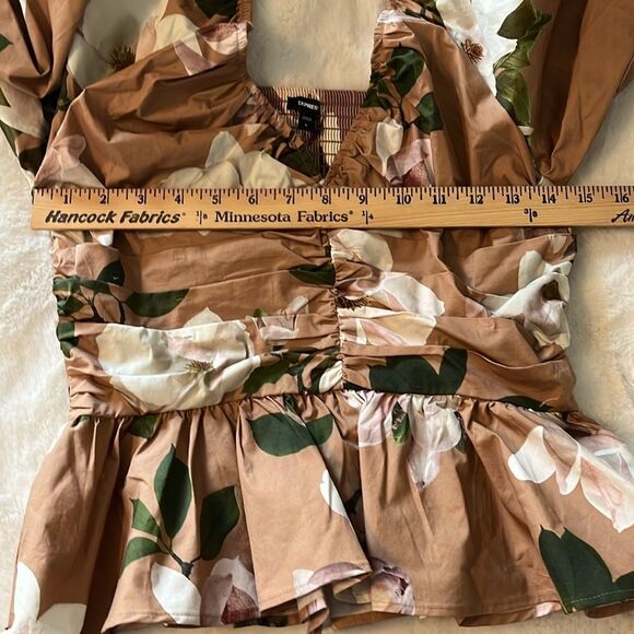 New! Express Floral Printed Pleated Peplum Top Blouse Puff Sleeve - Picture 11 of 16